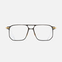 An image of the 0006 Rectangle Opticals in Black on 24K Yellow Gold + 18K Rhodium frame side view with arms open