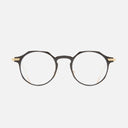 An image of the 0008 Round Opticals in Black on 24K Yellow Gold + 18K Rhodium frame frontal view with arms open