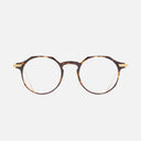 An image of the 0008 Round Opticals in Havana on 24K Yellow Gold frame frontal view with arms open