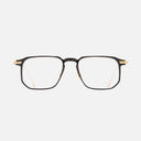 An image of the 0007 Rectangle Opticals in Black on 24K Yellow Gold + 18K Rhodium frame frontal view with arms open