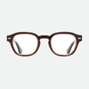 An image of the Cutler and Gross 9290 Round Horn Optical in Smoke Brown/Cream Buffalo Horn frame frontal view with arms closed marble background
