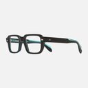 An image of the 1393 Square Opticals Teal on Black frame side view with arms open