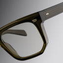 An image of the 1410 Square Optical (Large) in Olive frame detail close up of right hinge and temple