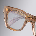 An image of the Cutler and Gross 1411 Cat Eye Optical in Dusk frame detail close up of left lens and right temple