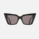 An image of the Cutler and Gross Valentina 002 Cat Eye Sunglasses in Black with Black lenses frame frontal view with arms closed on a white background.