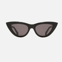 Black cat-eye sunglasses with dark lenses on a white background