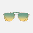 An image of the Cutler and Gross The Great Frog Capri Rectangular Sunglasses in Silver/Green frame side view with arms open.