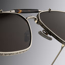 An image of the Cutler and Gross The Great Frog Capri Rectangular Sunglasses in Silver/Havana frame detail close up from right side view.