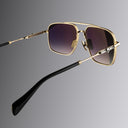 An image of the Cutler and Gross The Great Frog Ganton Navigator Sunglasse in Gold/Silver frame side view with arms open.