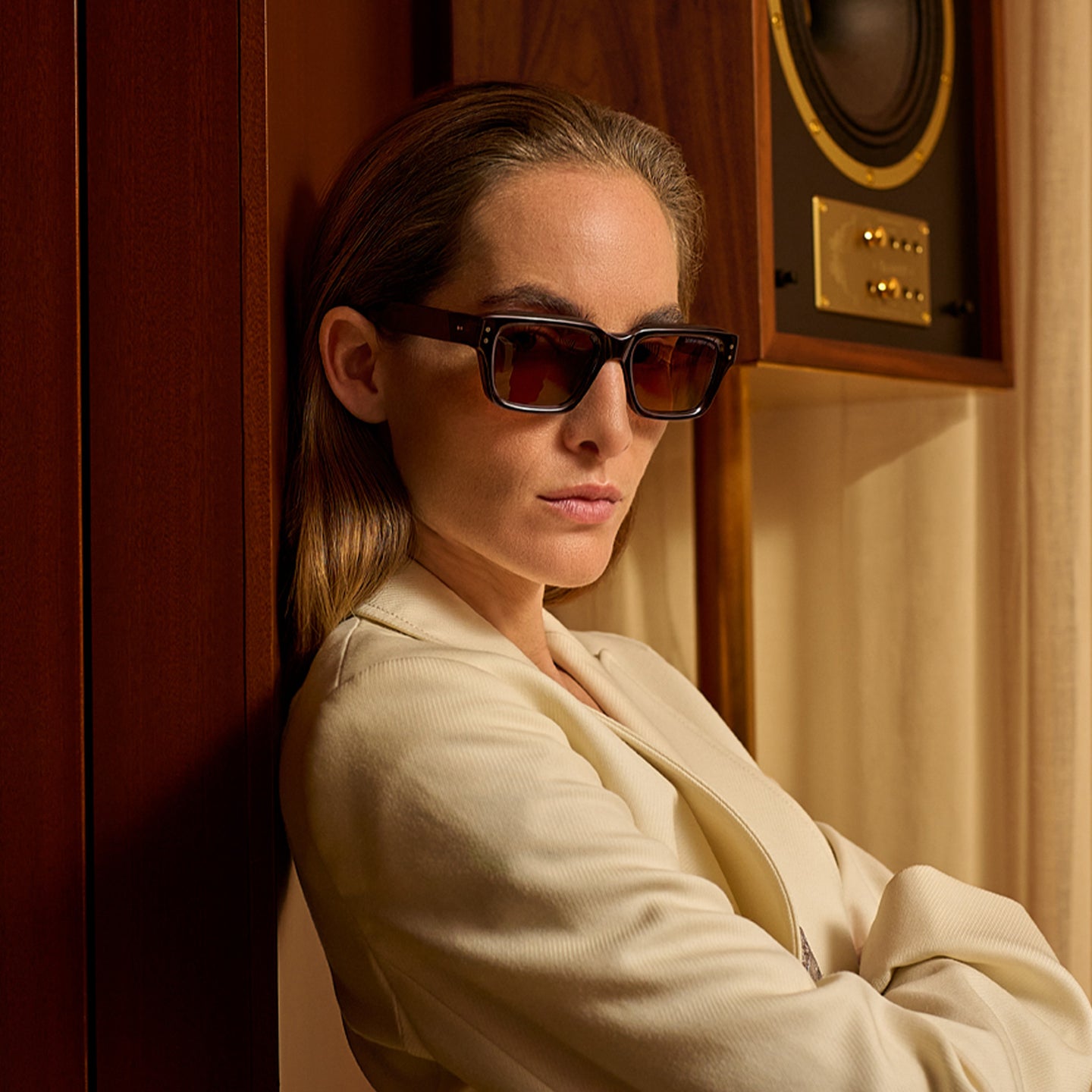 Cutler and Gross 1432 sunglasses worn, illustrating substantial acetate and British statement eyewear design