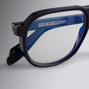 An image of the 9782 Aviator Optical in Classic Navy Blue frame detail close up from left side view