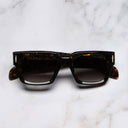 An image of the The Great Frog Titan Square Sunglasses in Brush Stroke Havana frame frontal view with arms closed marble background 
